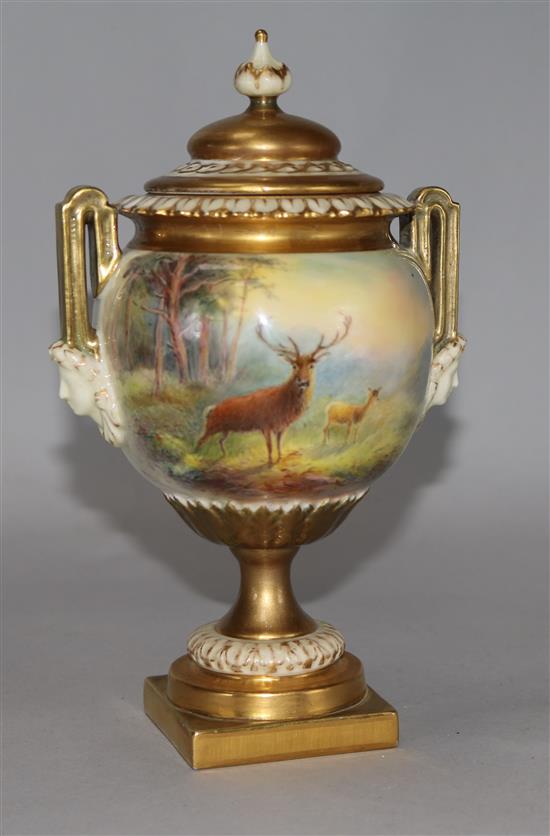 A Royal Worcester vase and cover painted with stags by Harry Stinton, 8in.